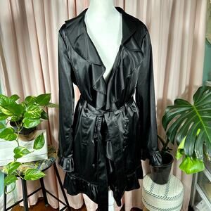 Marc Bouwer Satin Hi Ruffle Collar Dress Coat Jacket M Belted Glam Goth Romantic